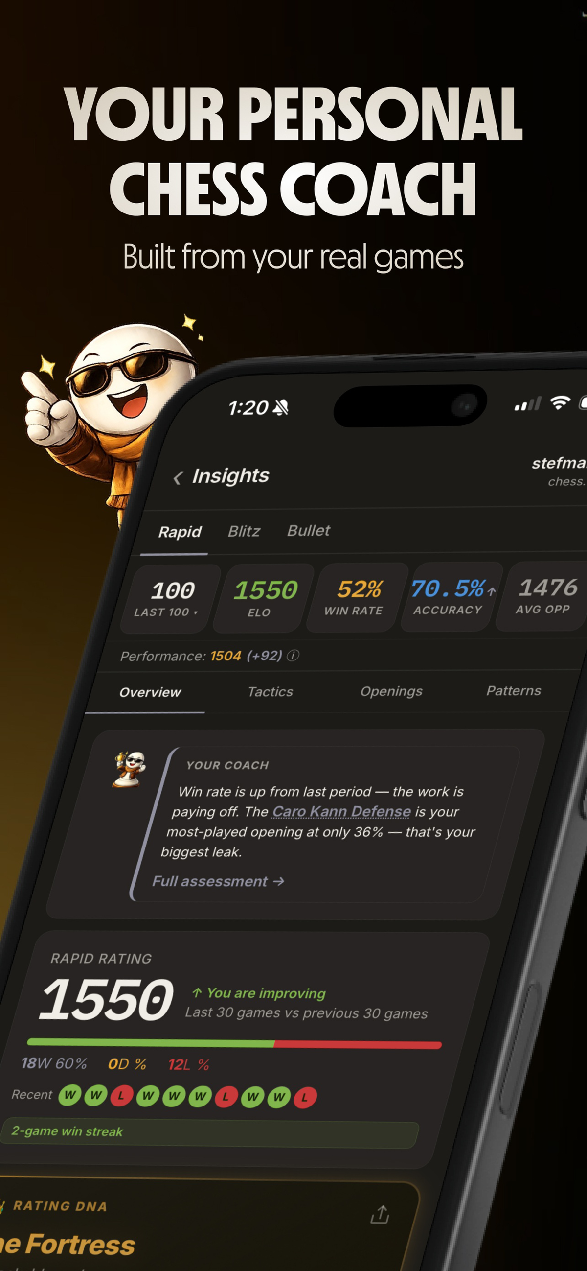 Chessy insights dashboard — personal AI chess coach built from real games