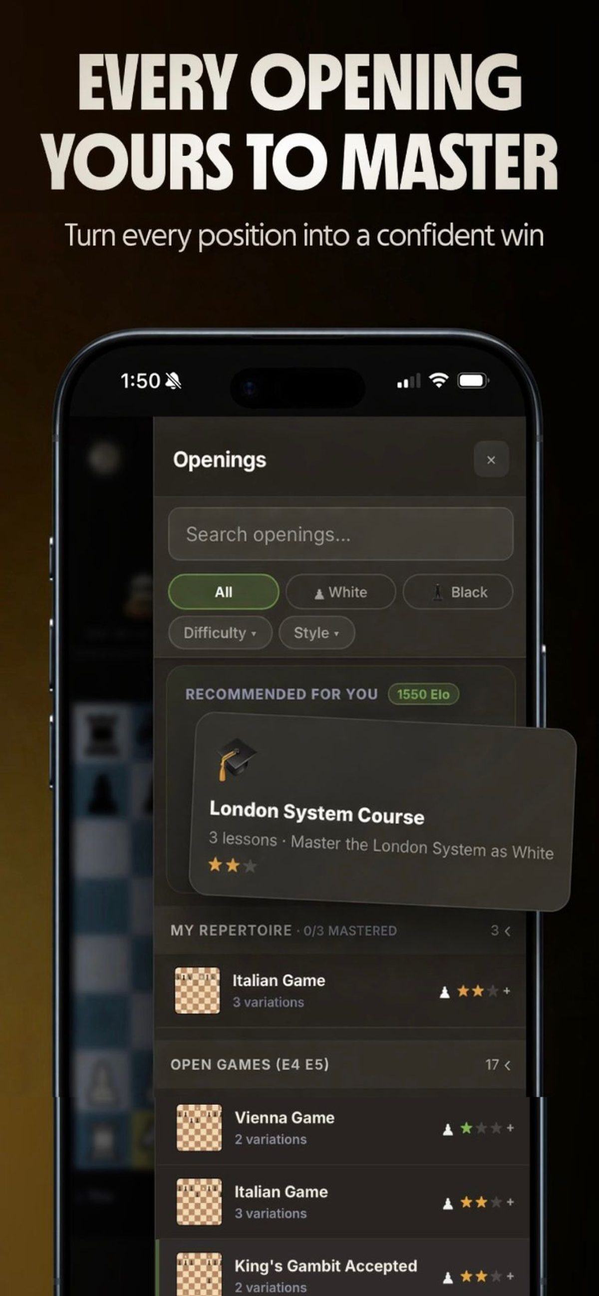 Chessy openings library with 80+ openings and recommended courses